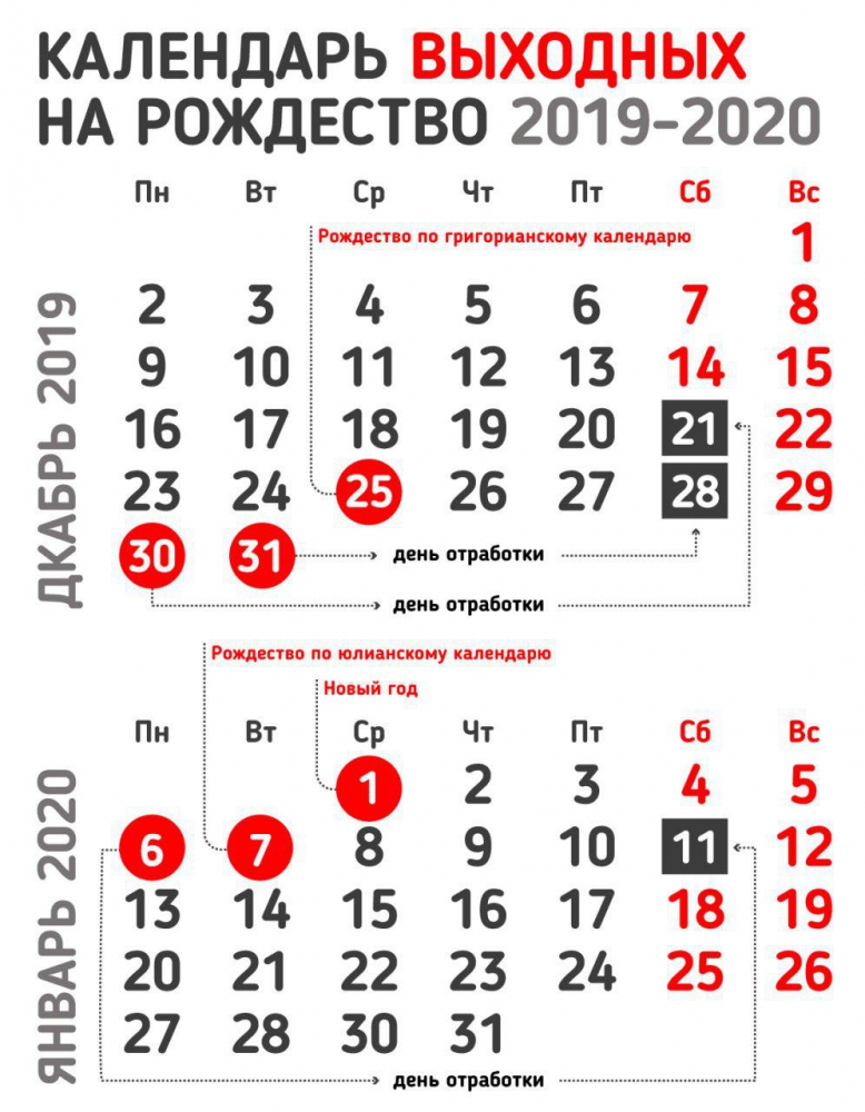 Календарь выходных на 2019 - 2020 год