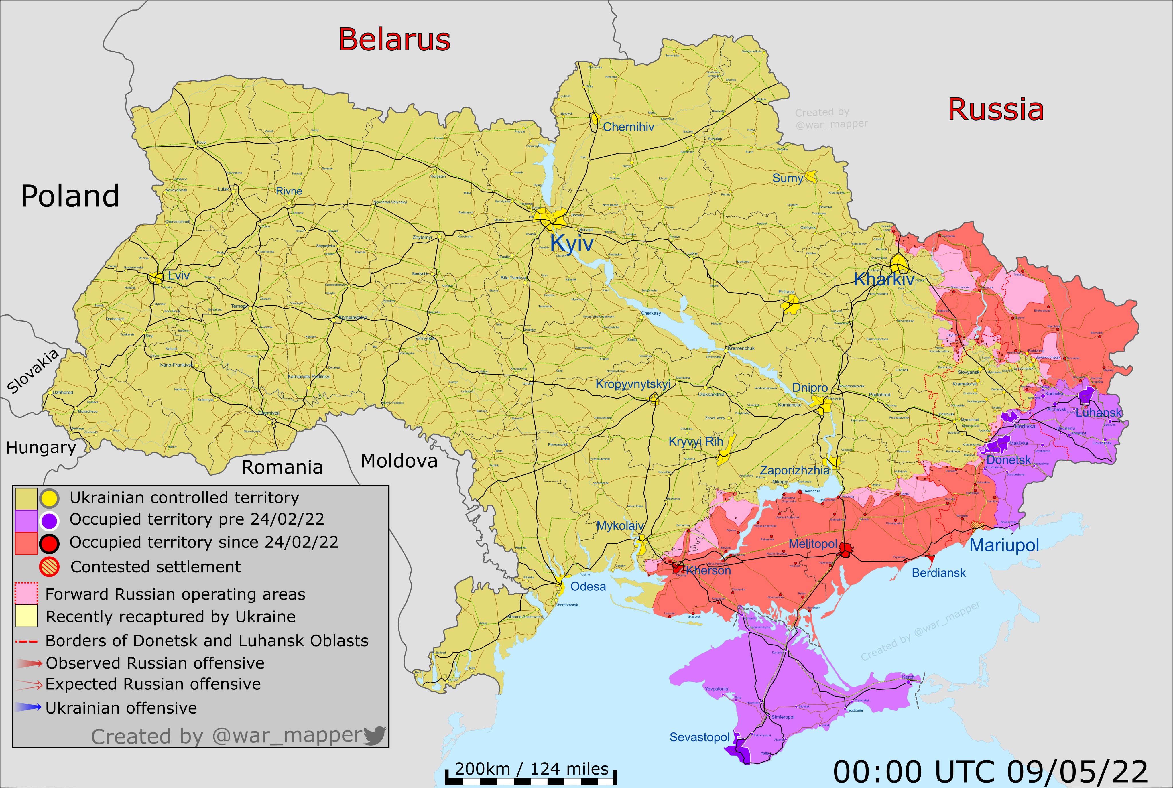 Примерная ситуация на фронте в Украине на утро 9 мая