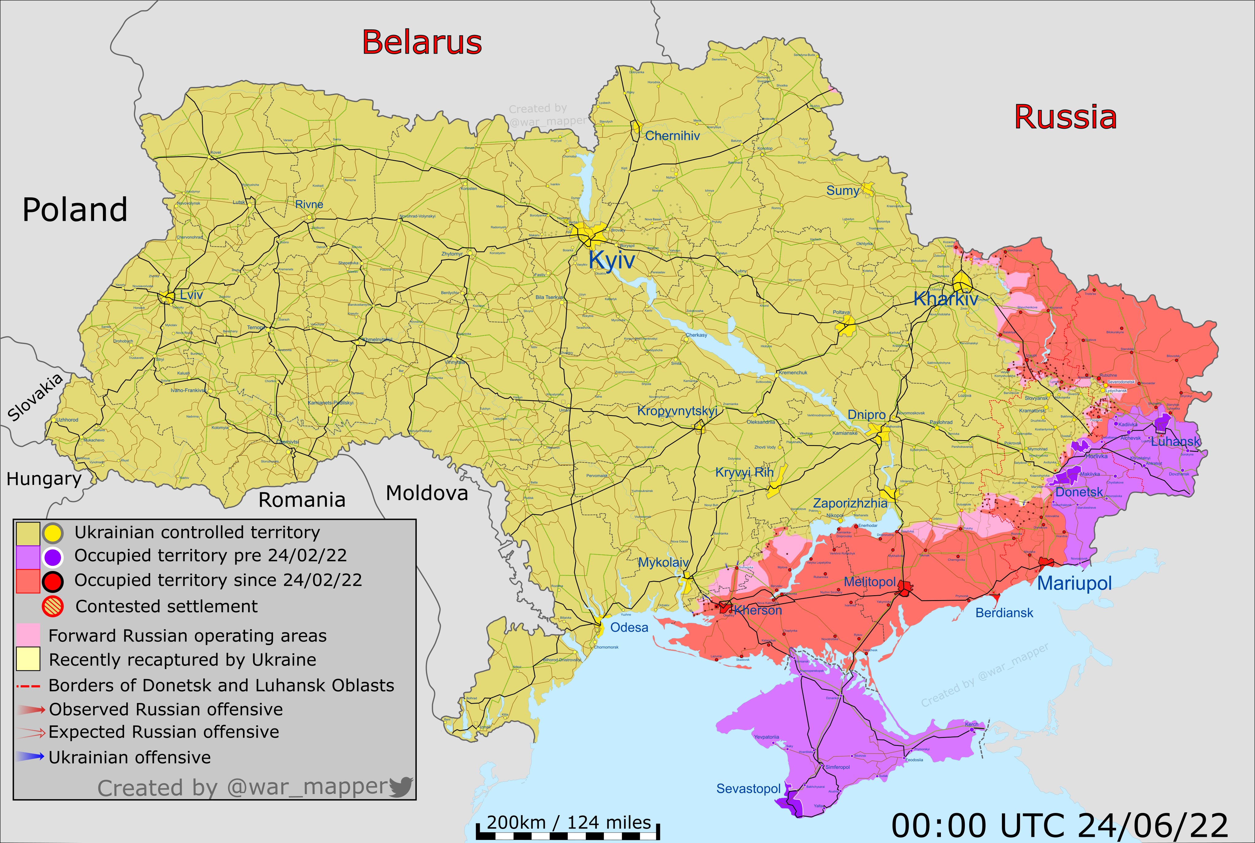 Карта боевых действий в Украине на начало 24 июня