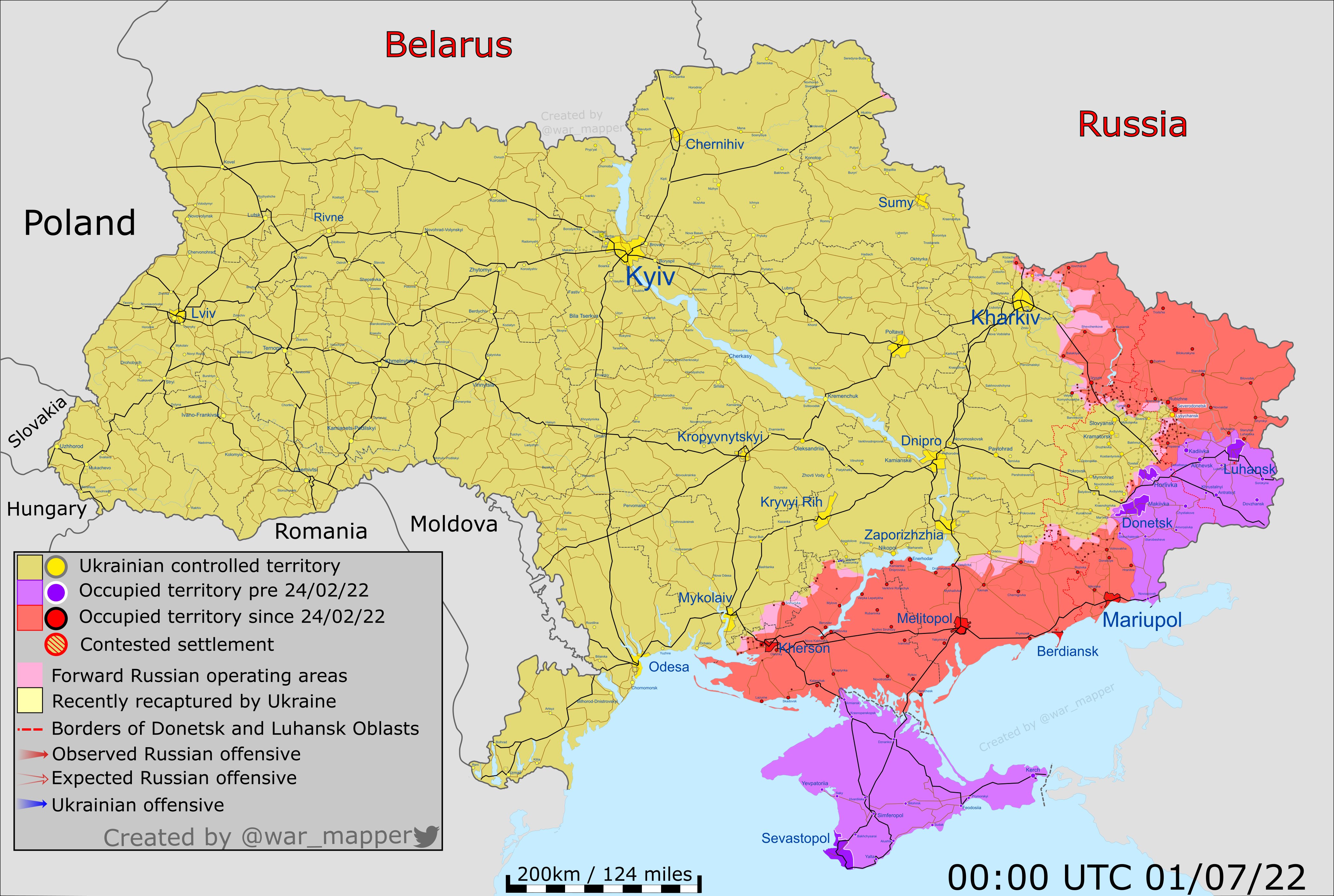 Мапа бойових дій в Україні на 1 липня