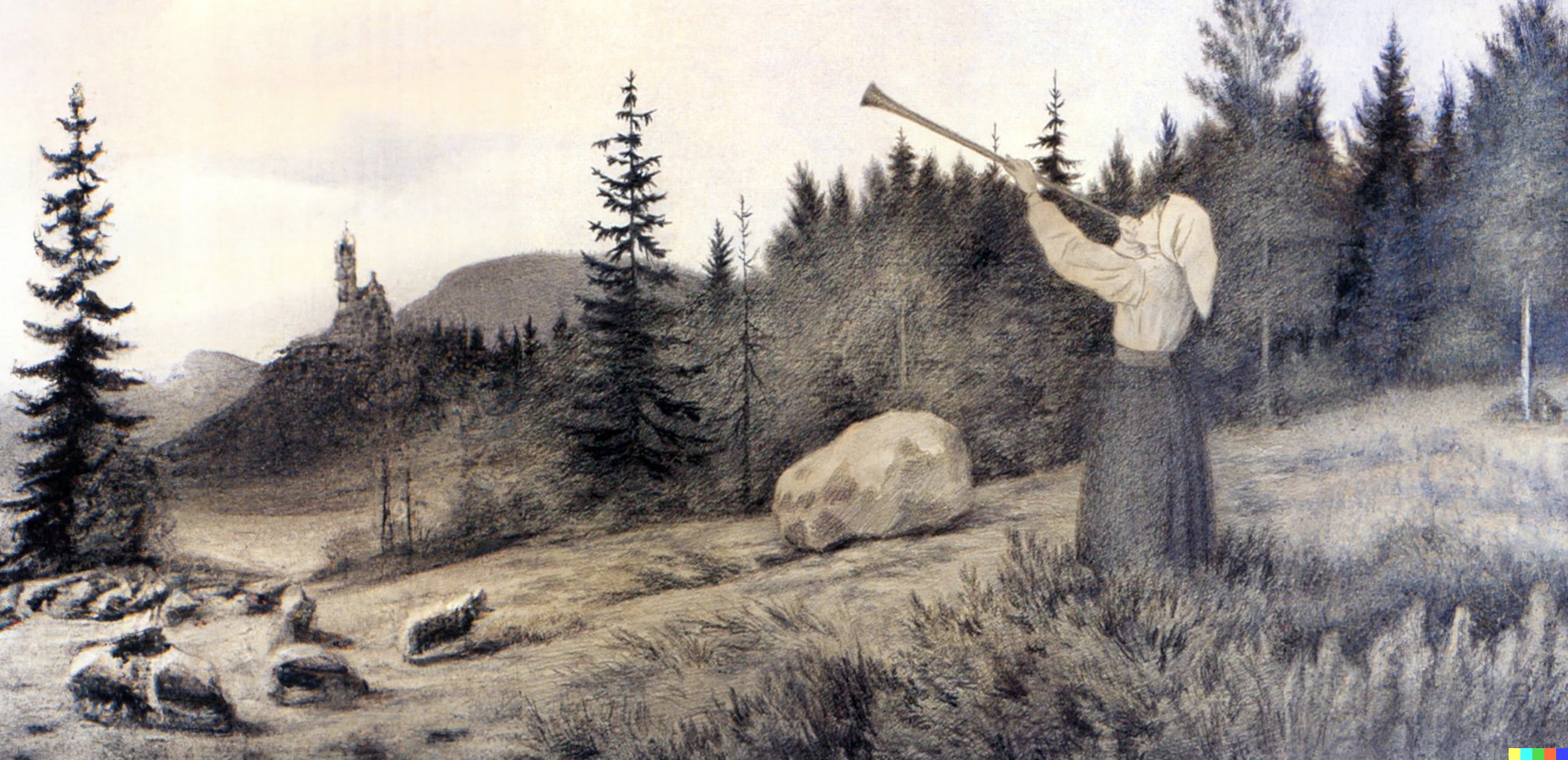 "Расширение" картины Теодора Киттельсена "Высоко в горах поет рожок"