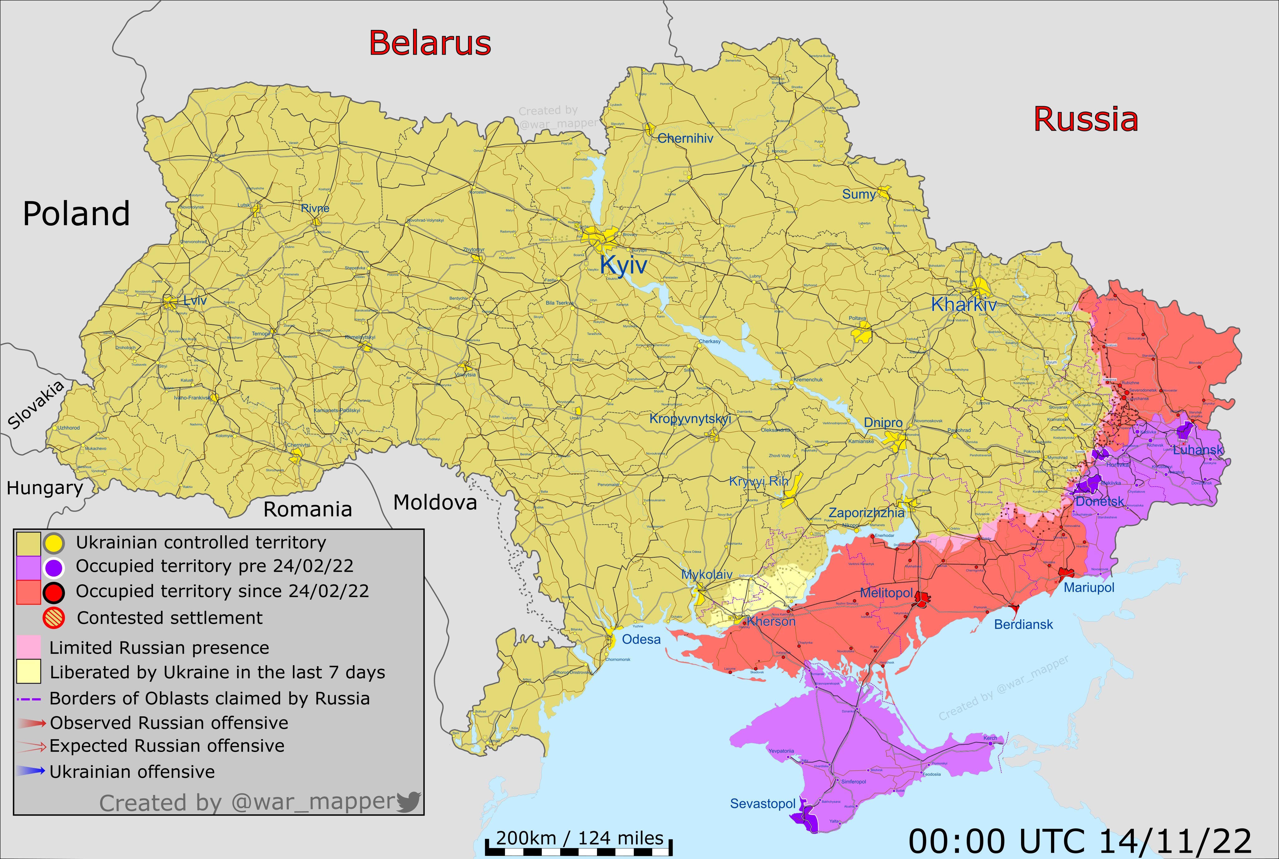 Карта приблизительной ситуации в Украине на 14 ноября
