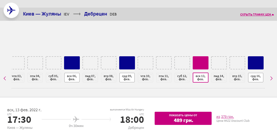 Стоимость билетов Киев-Дебрецен в феврале 2022 года