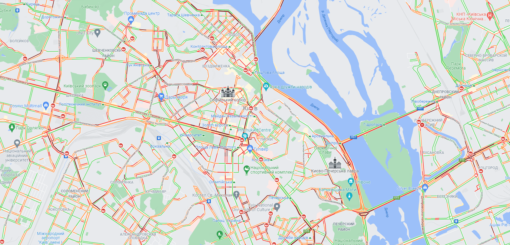 Пробки в Киеве по состоянию на 20:00 20 декабря