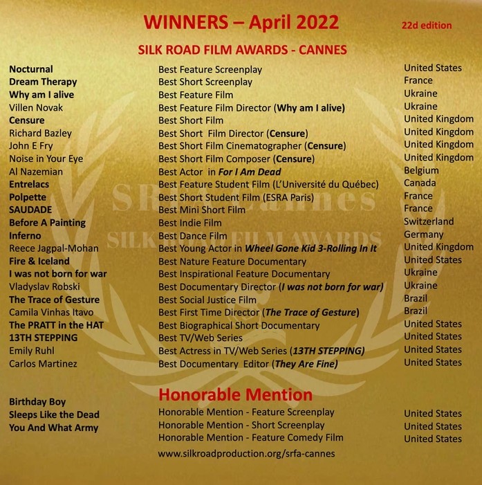 Результаты апрельской кинопремии Silk Road Film Awards Cannes