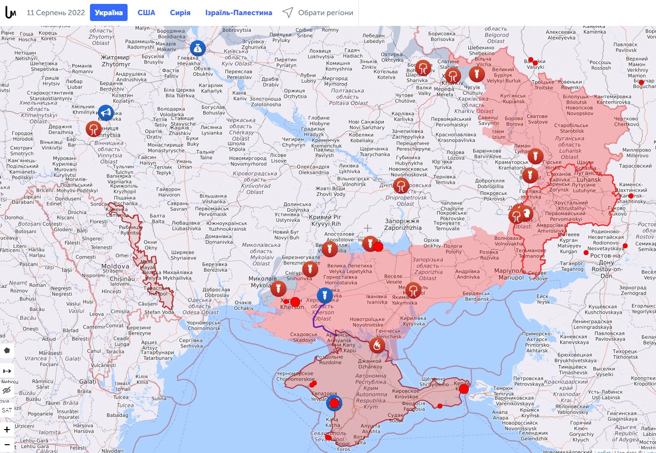 Українські території, тимчасово захоплені Росією, на 11 серпня