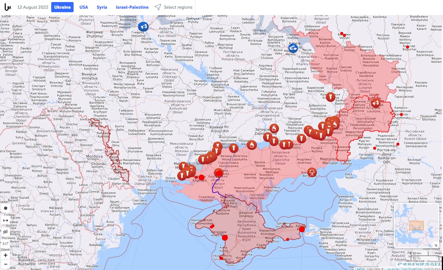 Временно захваченные Россией украинские территории на 12 августа
