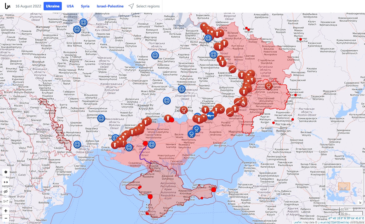 Временно захваченные Россией украинские территории на 16 августа