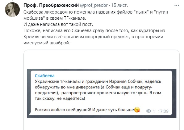 В телеграме пропагандистки Скабеевой обнаружили файлы с презрительными именами Путина фото 2