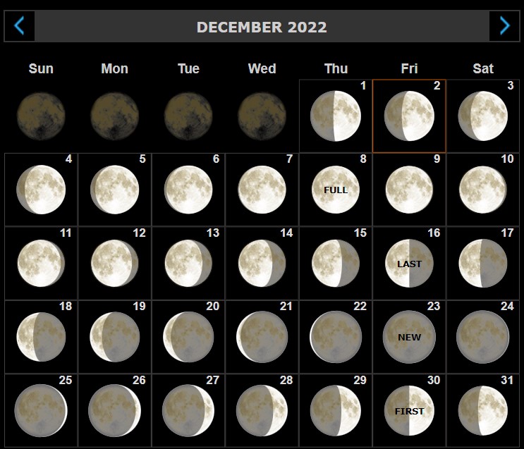 Місячний календар на грудень 2022 року