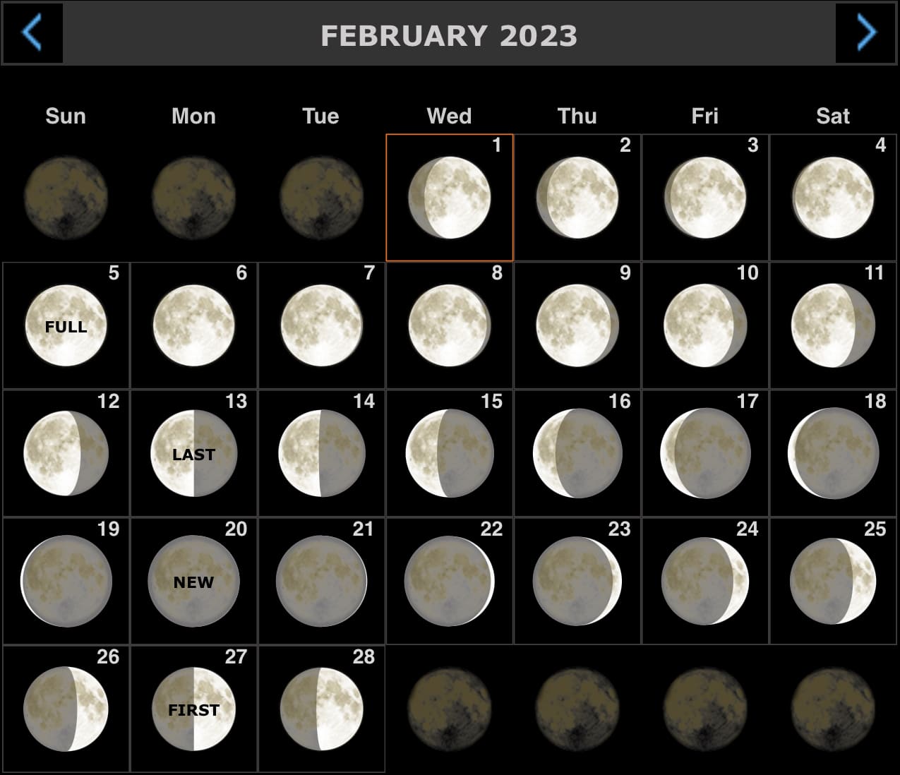 Фази місяця у лютому 2023 року, moongiant.com